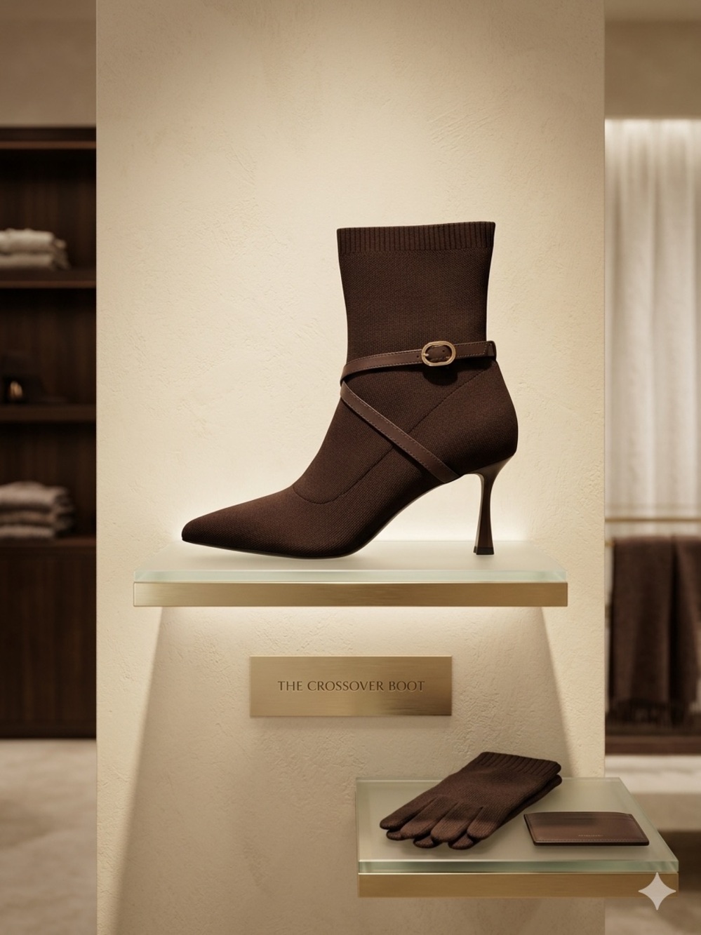 Brown Pointed-Toe Mid-Heel Sock Ankle Boot with Wrap Strap